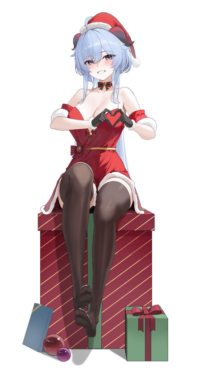 artist_revision christmas dress ganyu genshin_impact horns rikui_(rella2930) skirt_lift thighhighs