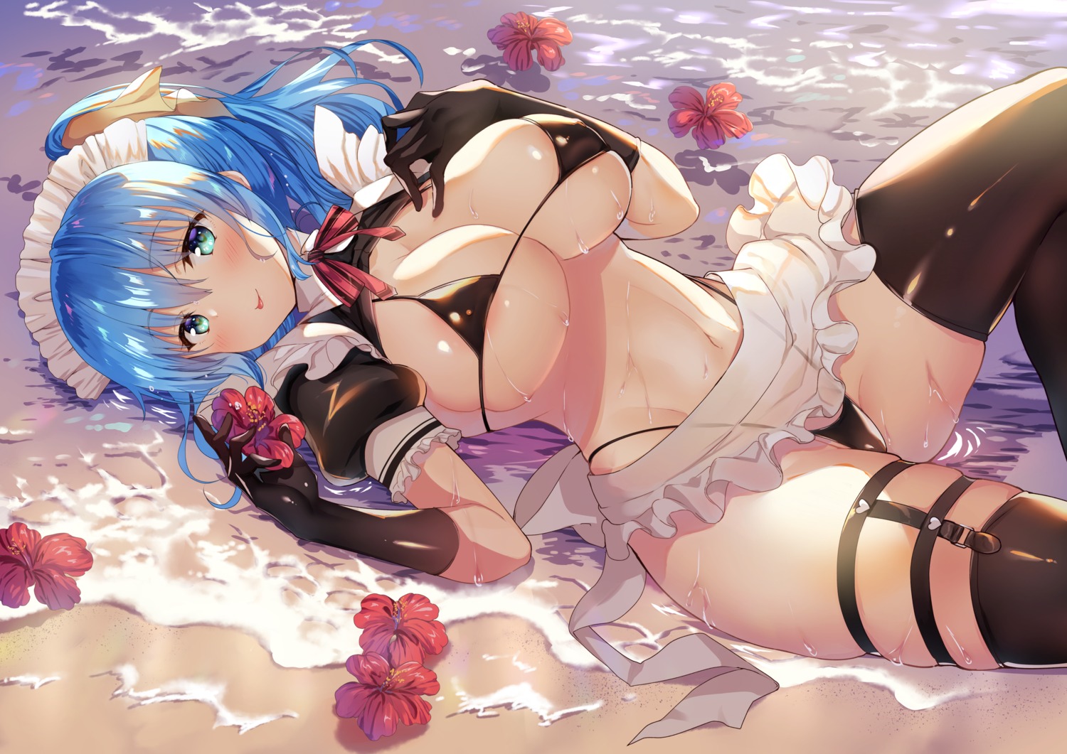 bikini breast_hold erect_nipples gakkou_de_seishun! garter kanzaki_ayane maid sansyoku_amido. see_through swimsuits thighhighs underboob wet wet_clothes