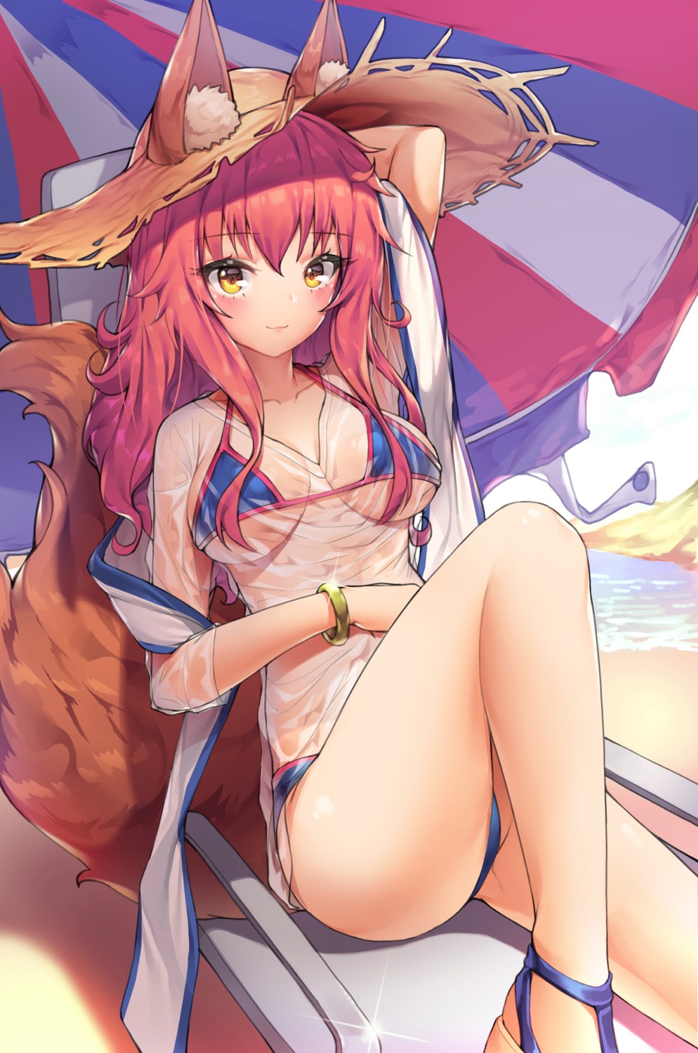 animal_ears bikini dduck_kong fate/grand_order see_through swimsuits tail tamamo_no_mae wet wet_clothes