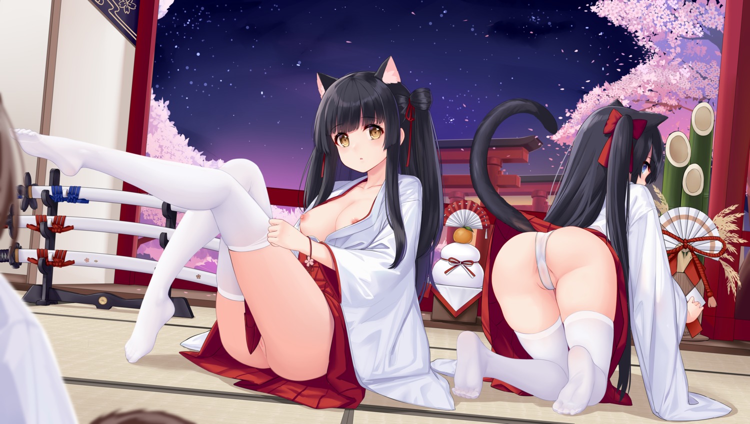 allenes animal_ears ass azur_lane breasts feet fundoshi hatsuharu_(azur_lane) miko nekomimi nipples no_bra nopan open_shirt pussy see_through skirt_lift tail thighhighs uncensored undressing yuugure_(azur_lane)