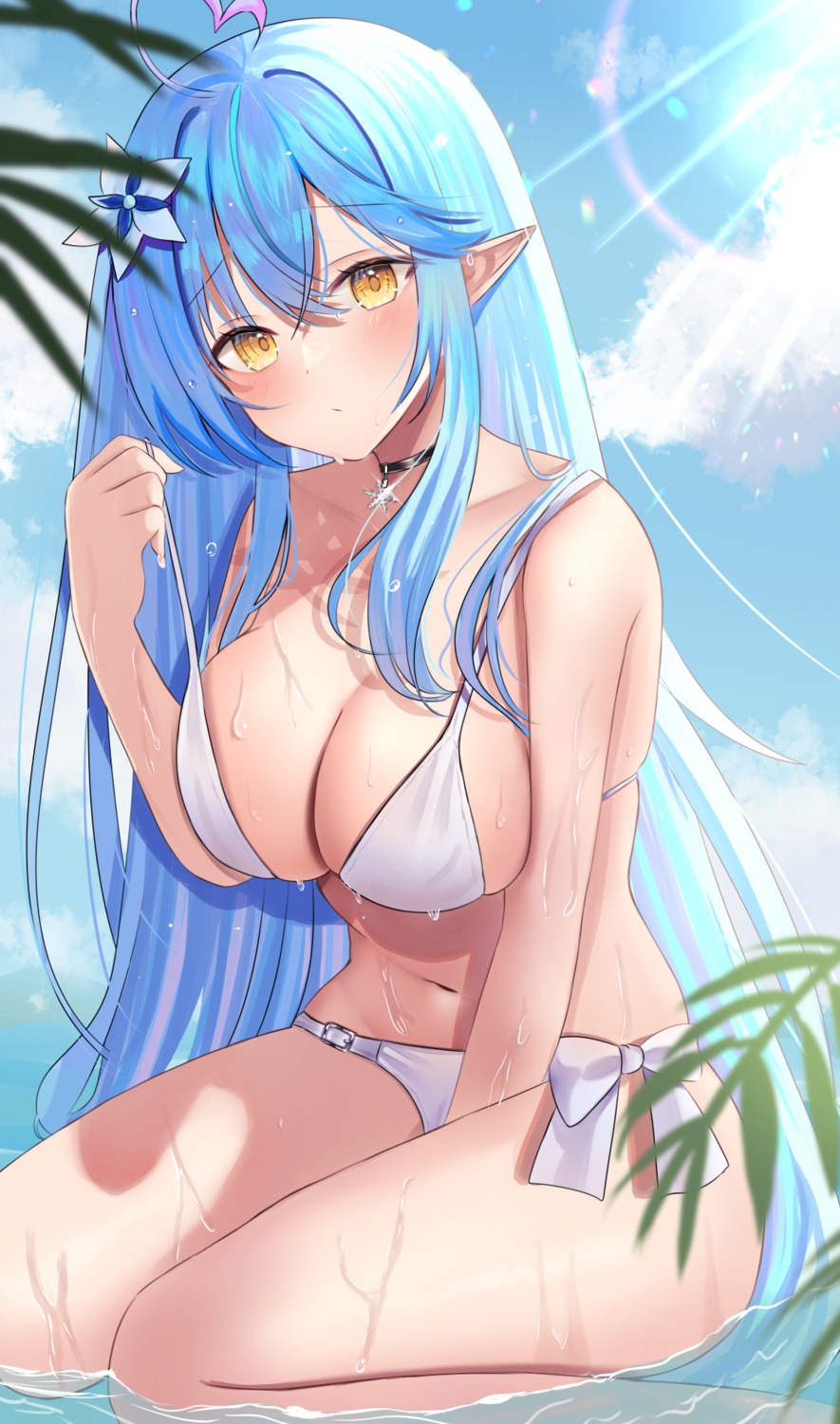 bikini elf hololive niboshi_(nibosisuzu) pointy_ears swimsuits undressing wet yukihana_lamy