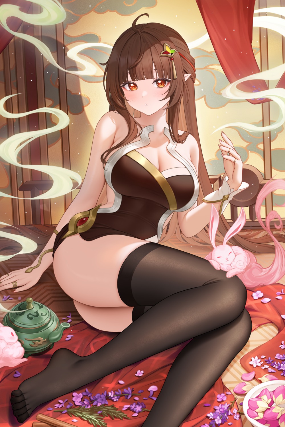 asian_clothes cleavage fukuro_ko_(greentea) honkai:_star_rail lingsha no_bra pointy_ears skirt_lift thighhighs