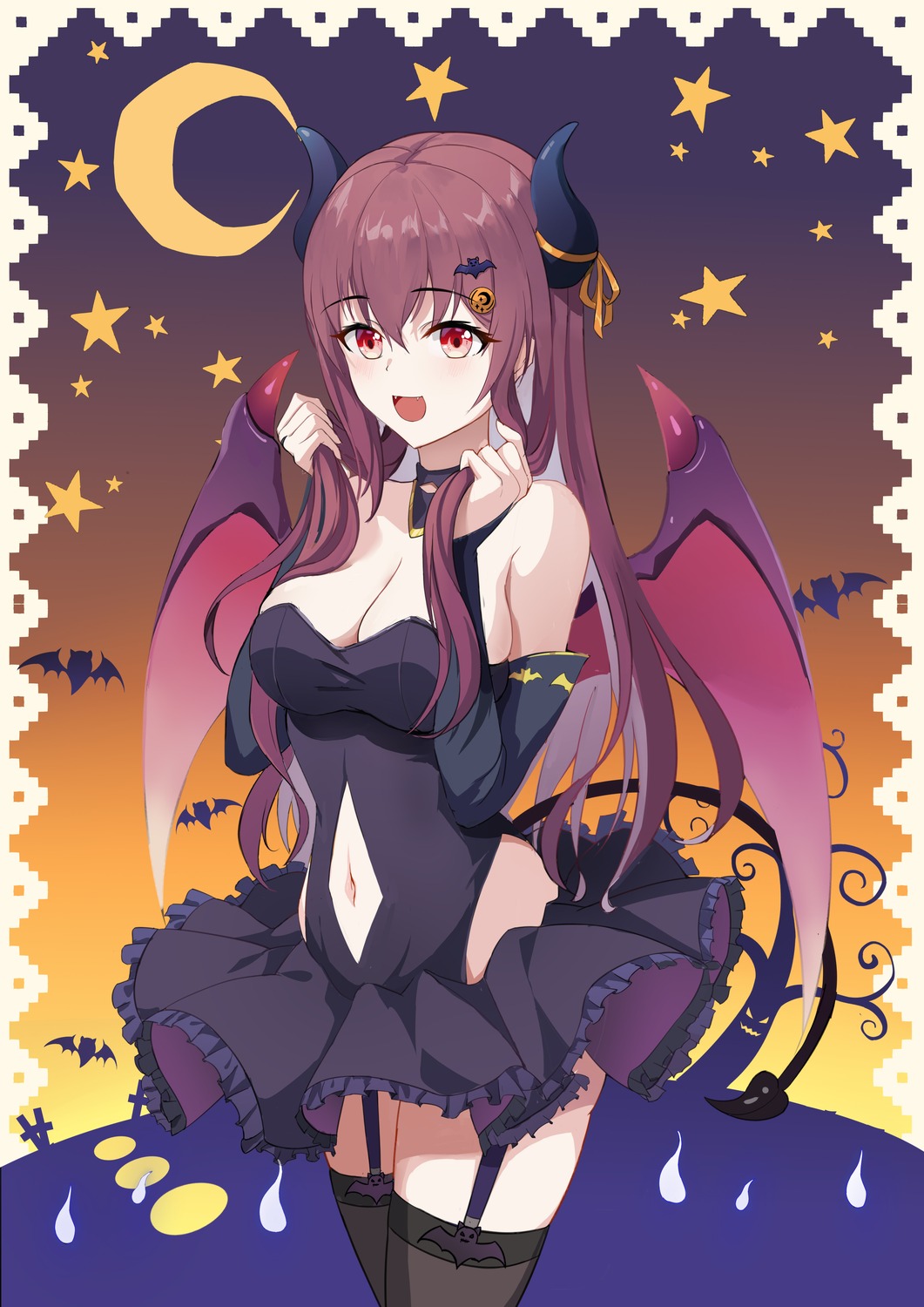 halloween horns no_bra skirt_lift stockings tagme tail thighhighs wings