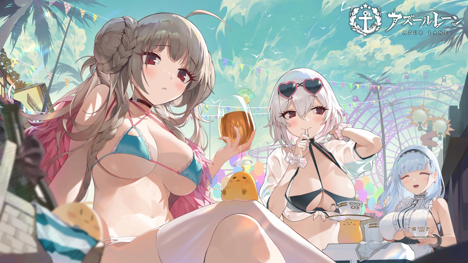 azur_lane bikini bikini_top bsue dido_(azur_lane) formidable_(azur_lane) maid manjuu_(azur_lane) megane no_bra open_shirt see_through sirius_(azur_lane) swimsuits thighhighs