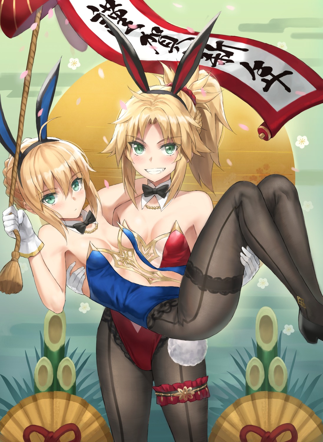 animal_ears artoria_pendragon_(lancer) bunny_ears bunny_girl fate/grand_order fate/stay_night garter heels mordred_(fate) no_bra pantyhose saber see_through tail tonee