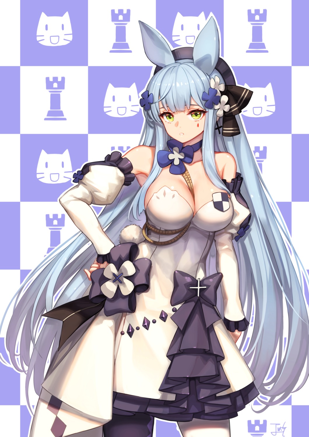 animal_ears baek_hyang bunny_ears cleavage dress girls_frontline hk416_(girls_frontline) no_bra