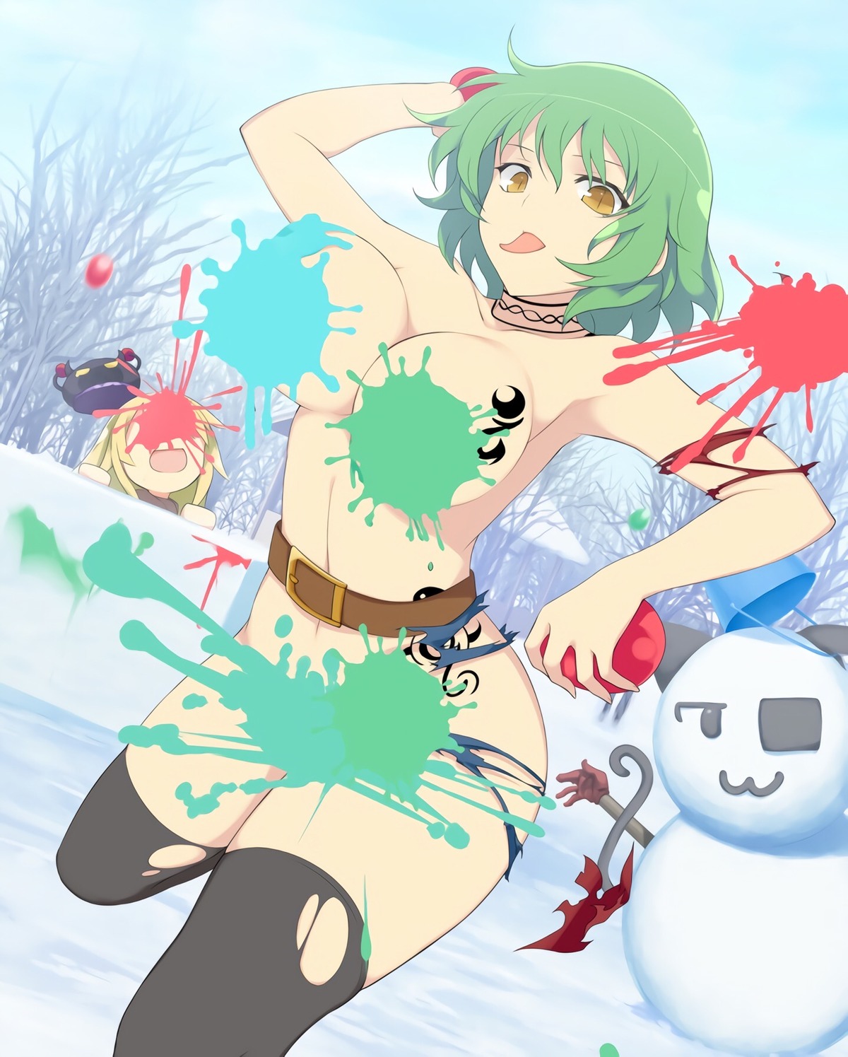 hikage nopan senran_kagura tattoo thighhighs topless torn_clothes yaegashi_nan