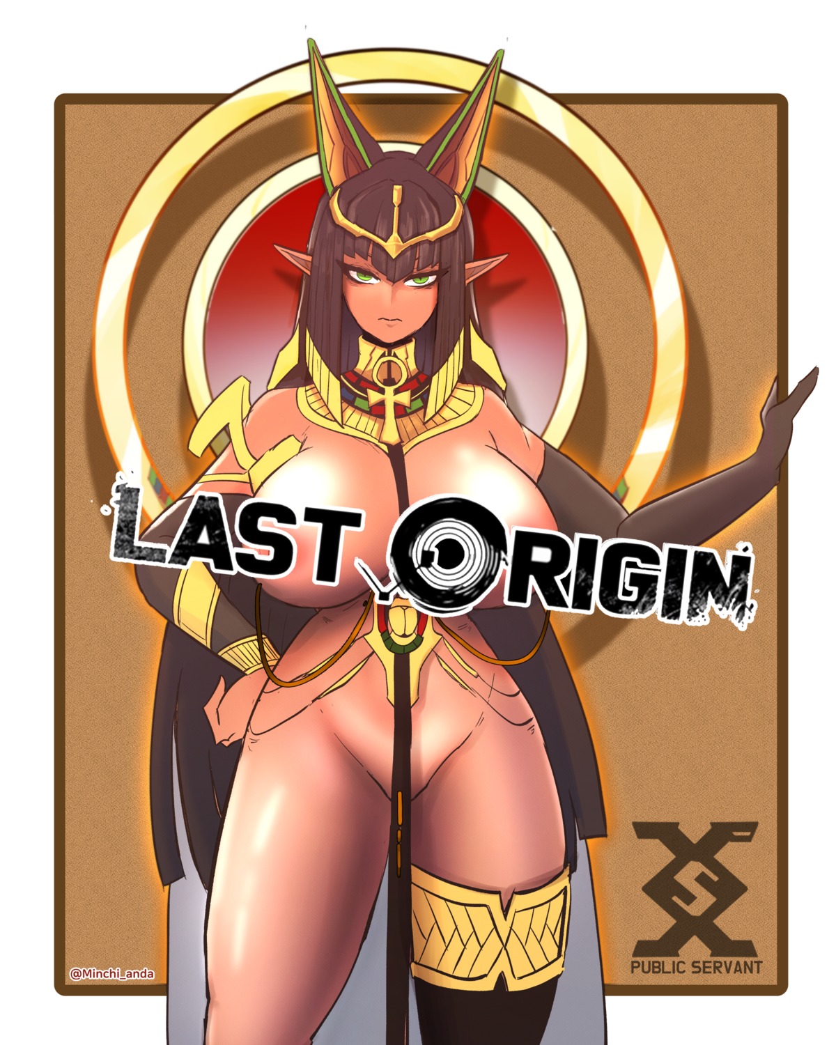 animal_ears areola censored last_origin minchi_(anda) naked_cape pointy_ears sekhmet_(last_origin) thighhighs