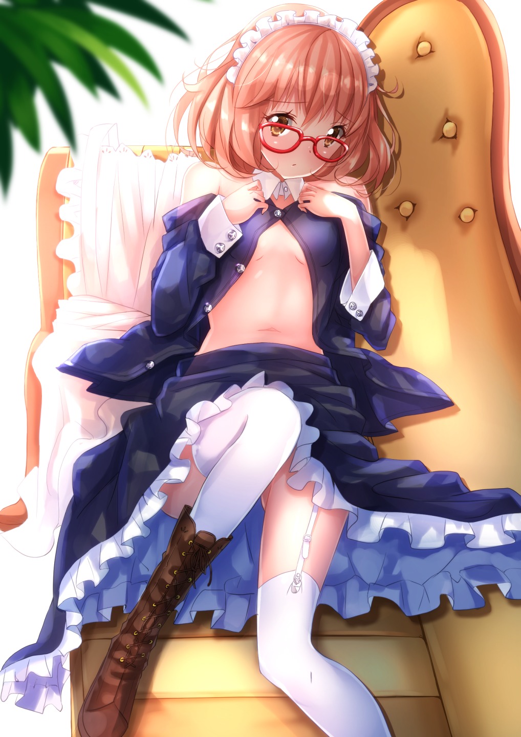 kuriyama_mirai kyoukai_no_kanata maid megane no_bra open_shirt stockings swordsouls thighhighs