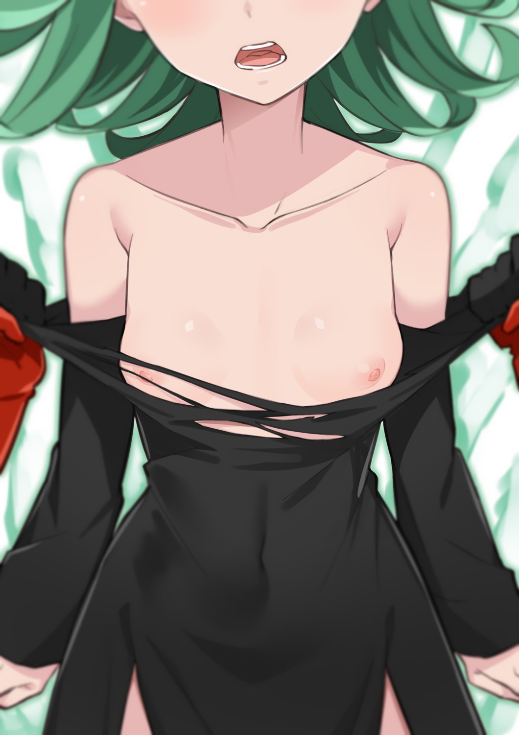 breasts dress morisobo nipples no_bra one_punch_man open_shirt tatsumaki_(one_punch_man) torn_clothes undressing