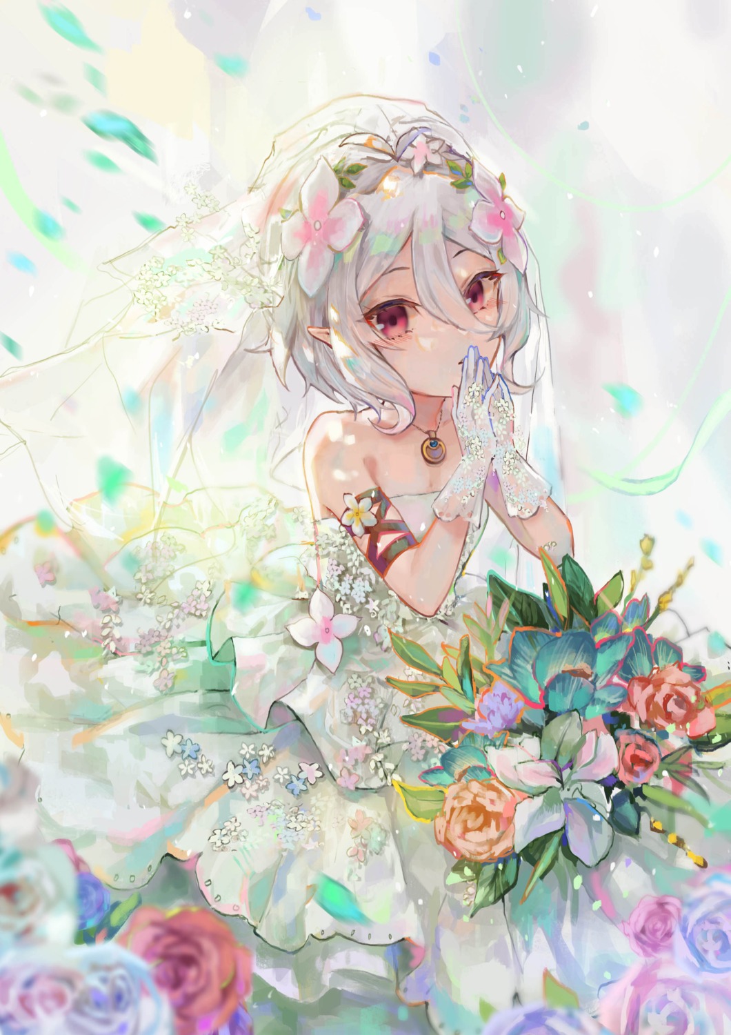 cleavage dress fang_qiao kokkoro no_bra pointy_ears princess_connect princess_connect!_re:dive skirt_lift wedding_dress