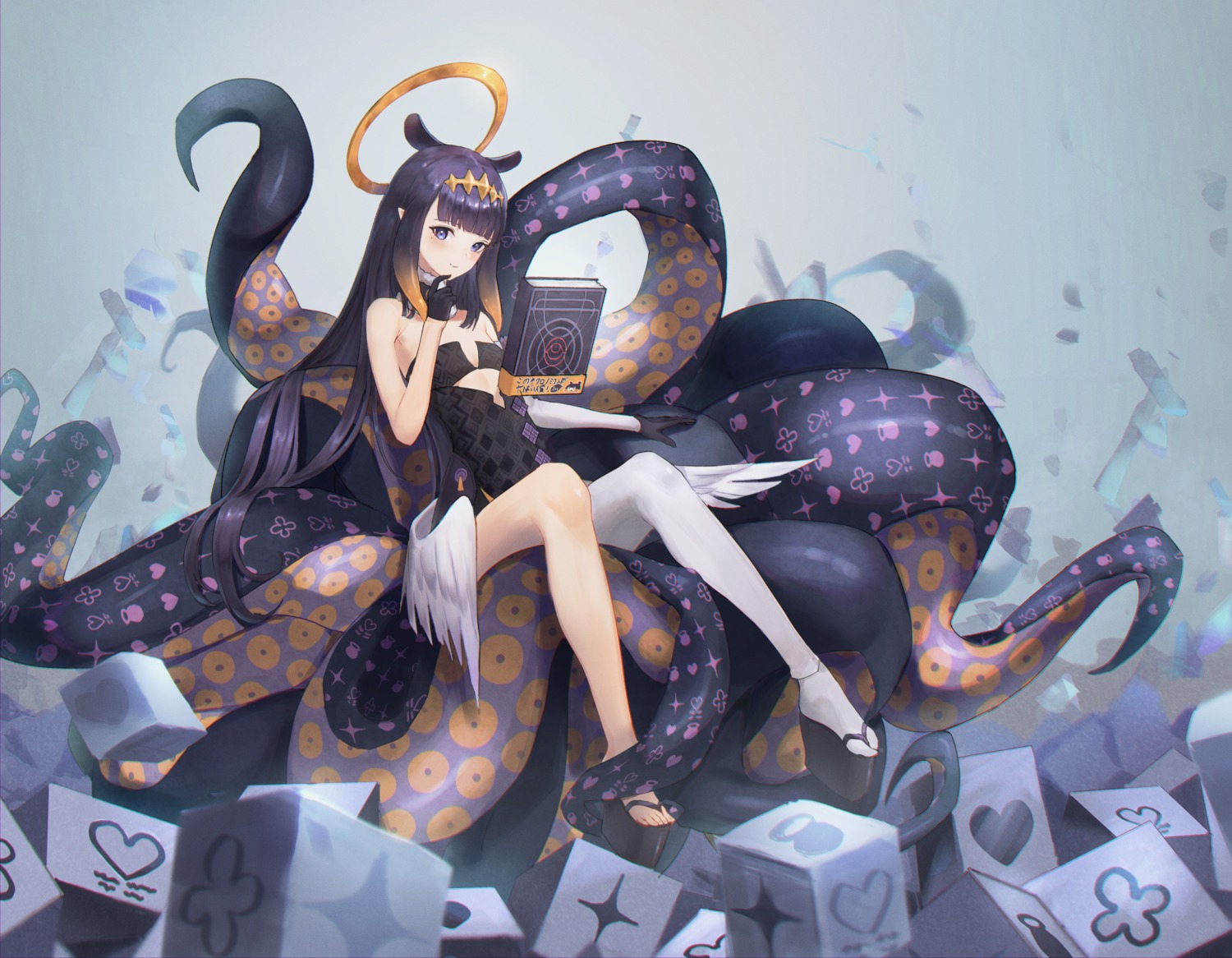 angel dress hololive hololive_english loli ninomae_ina'nis no_bra pointy_ears ritta_(abmnoworld) tentacles thighhighs wings