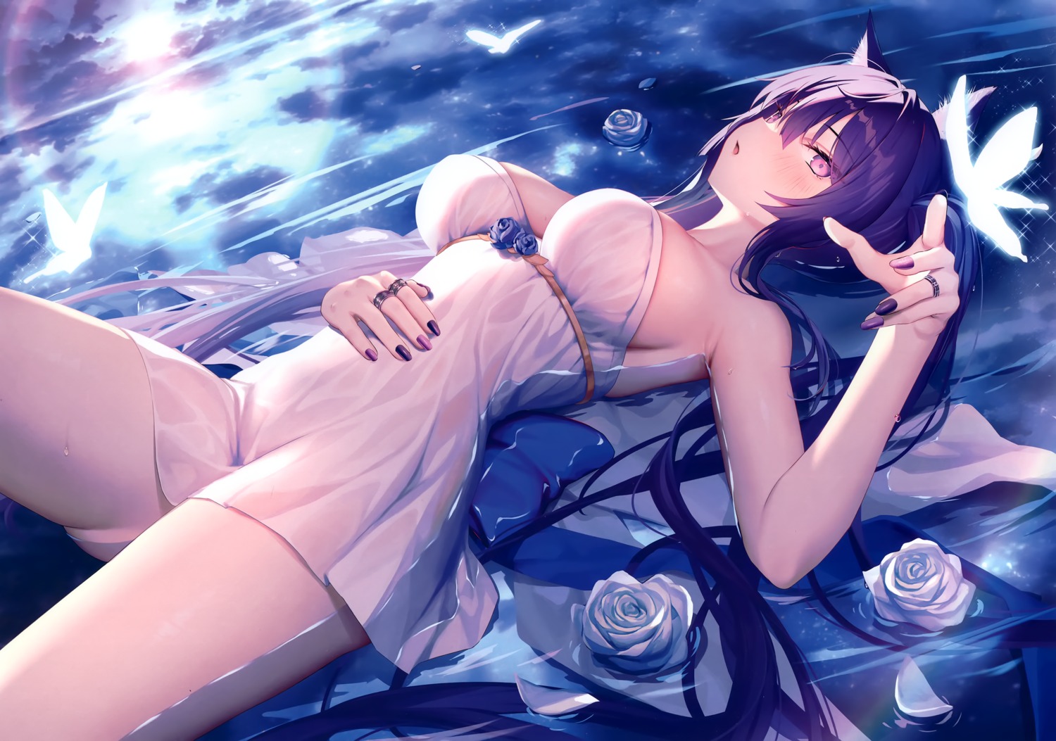 animal_ears dress mintoaisu nekomimi no_bra see_through skirt_lift wet wet_clothes