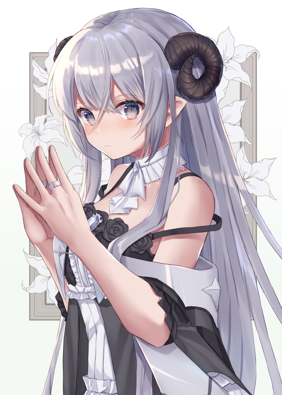 dress floral_nattou horns pointy_ears