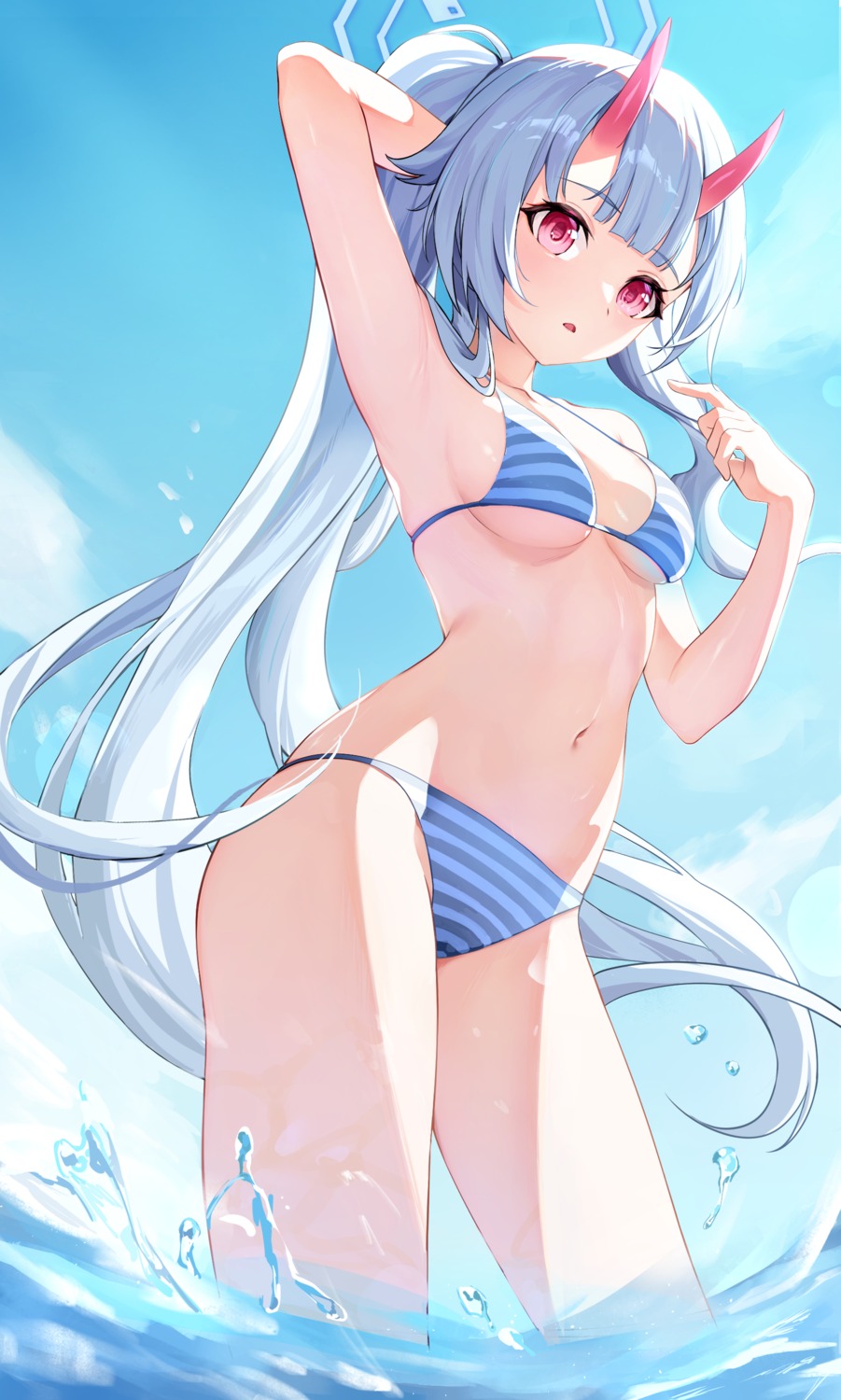 bikini blue_archive halo horns rable swimsuits waraku_chise wet