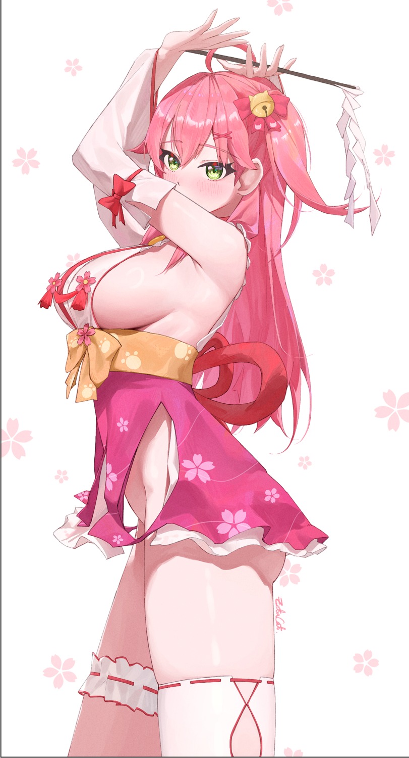 garter hololive japanese_clothes no_bra nopan sakura_miko thighhighs zetacat