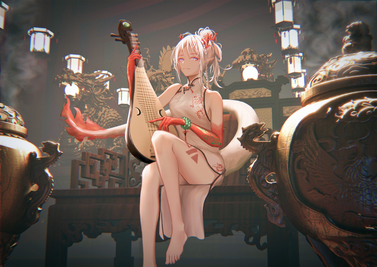 arknights chinadress fuann horns nian_(arknights) pointy_ears skirt_lift tail tattoo
