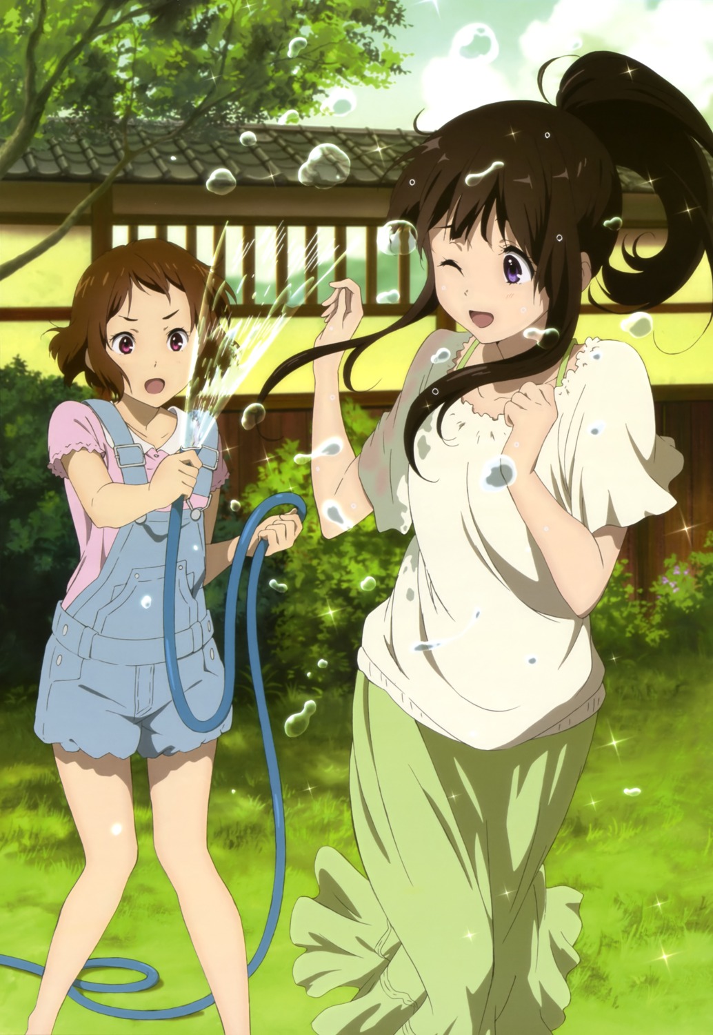 chitanda_eru hyouka ibara_mayaka karata_hiroshi overalls wet wet_clothes