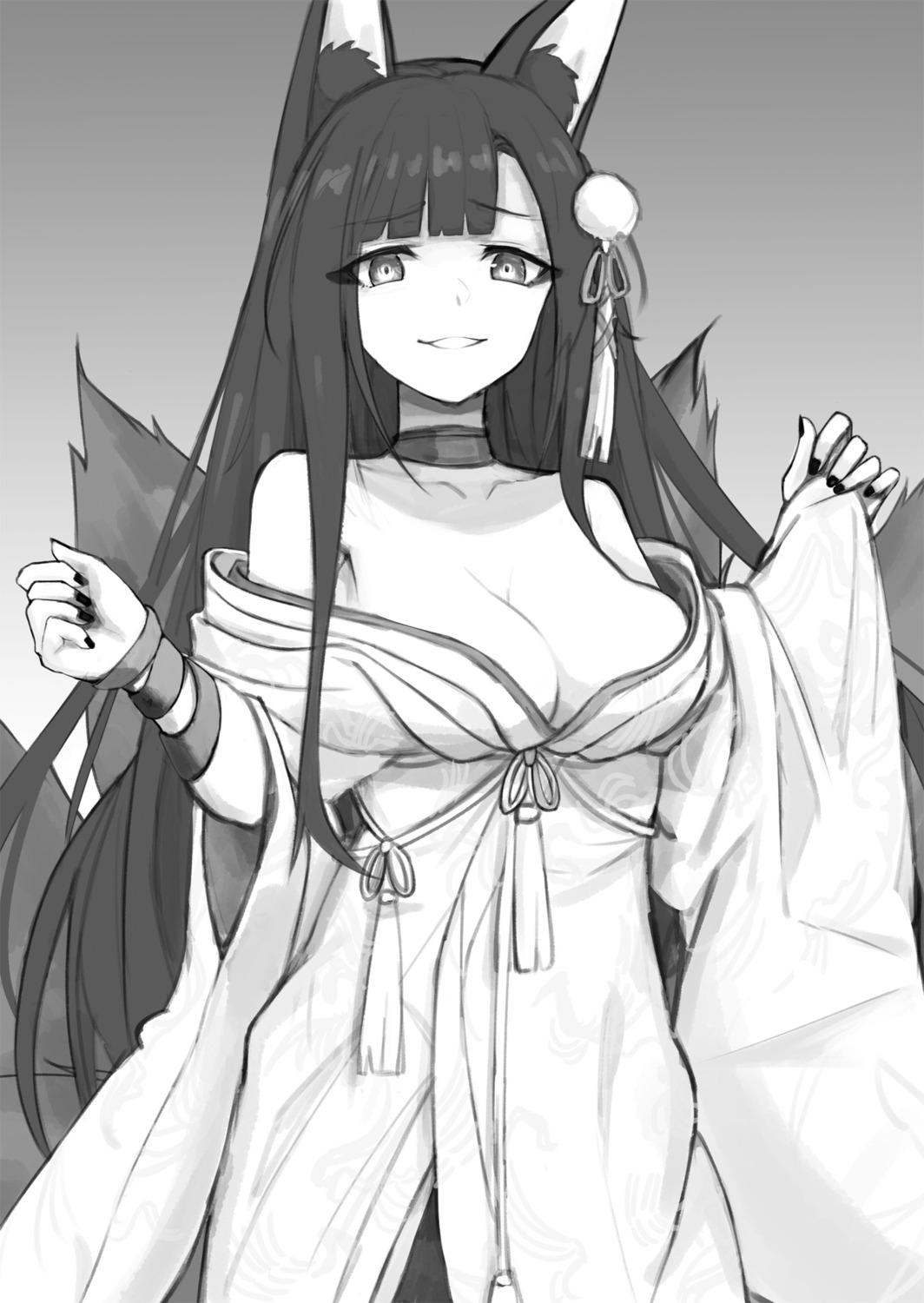 akagi_(azur_lane) animal_ears azur_lane azur_lane_laffey_to_hajimeru_shikikan_seikatsu japanese_clothes kitsune monochrome no_bra open_shirt senmu_(senmudayo) tail