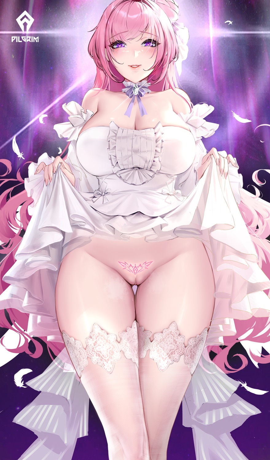 cianyo dorothy_(nikke) goddess_of_victory:_nikke no_bra nopan pussy pussy_juice skirt_lift tattoo thighhighs uncensored