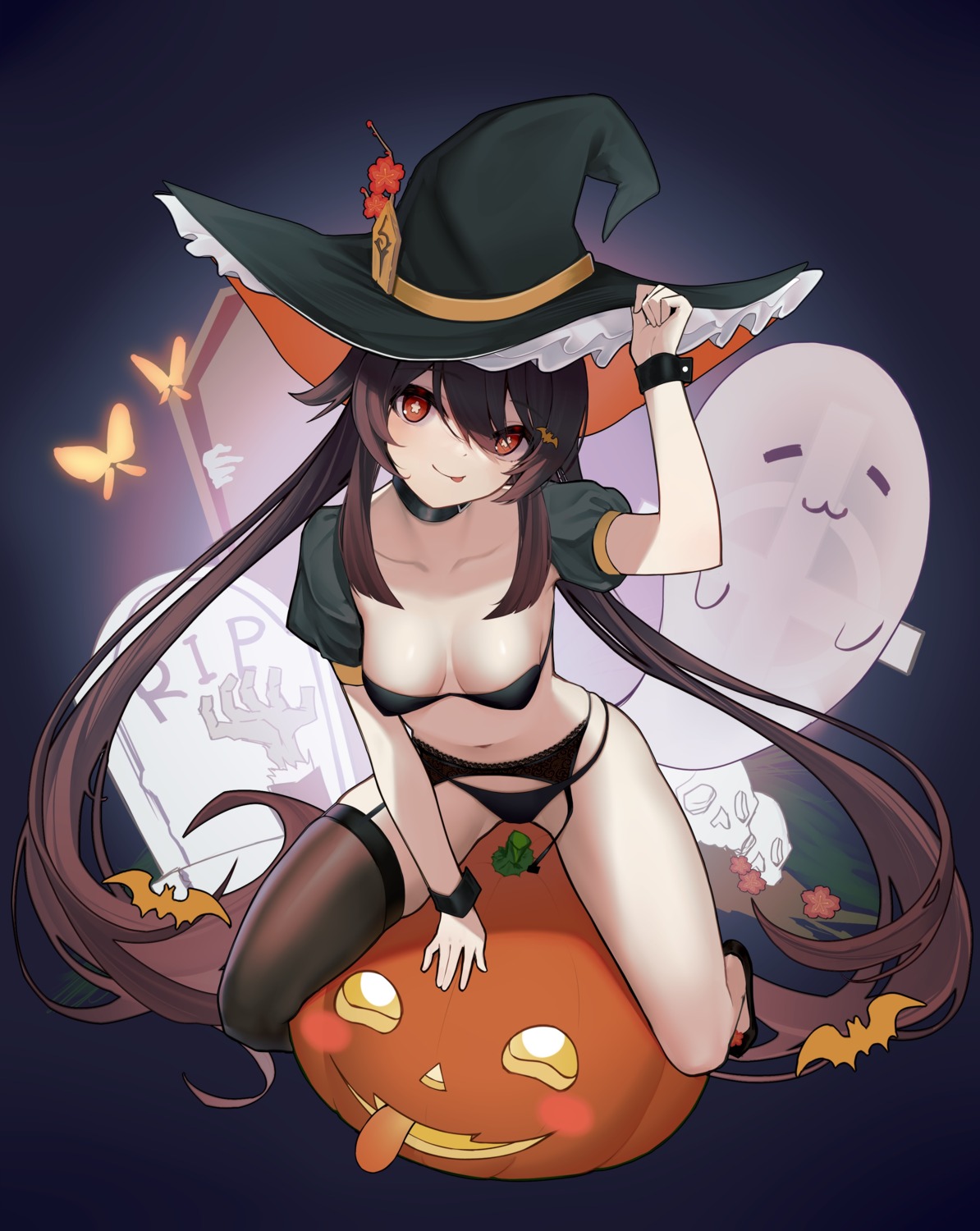 bra garter_belt genshin_impact halloween hu_tao pantsu stockings terebi_(shimizu1996) thighhighs witch