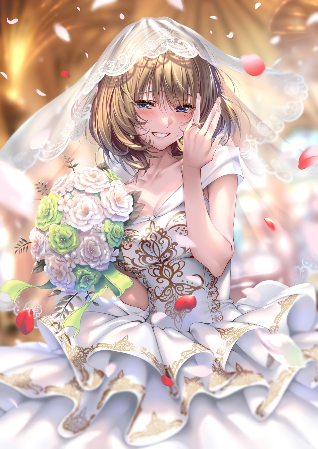 cleavage dress heterochromia piromizu takagaki_kaede the_idolm@ster the_idolm@ster_cinderella_girls wedding_dress
