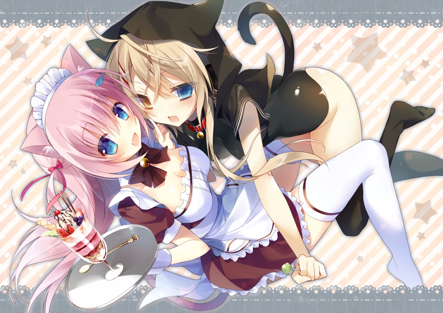 animal_ears cleavage heterochromia leotard maid natsuki_marina nekomimi stockings tail thighhighs yoruneko