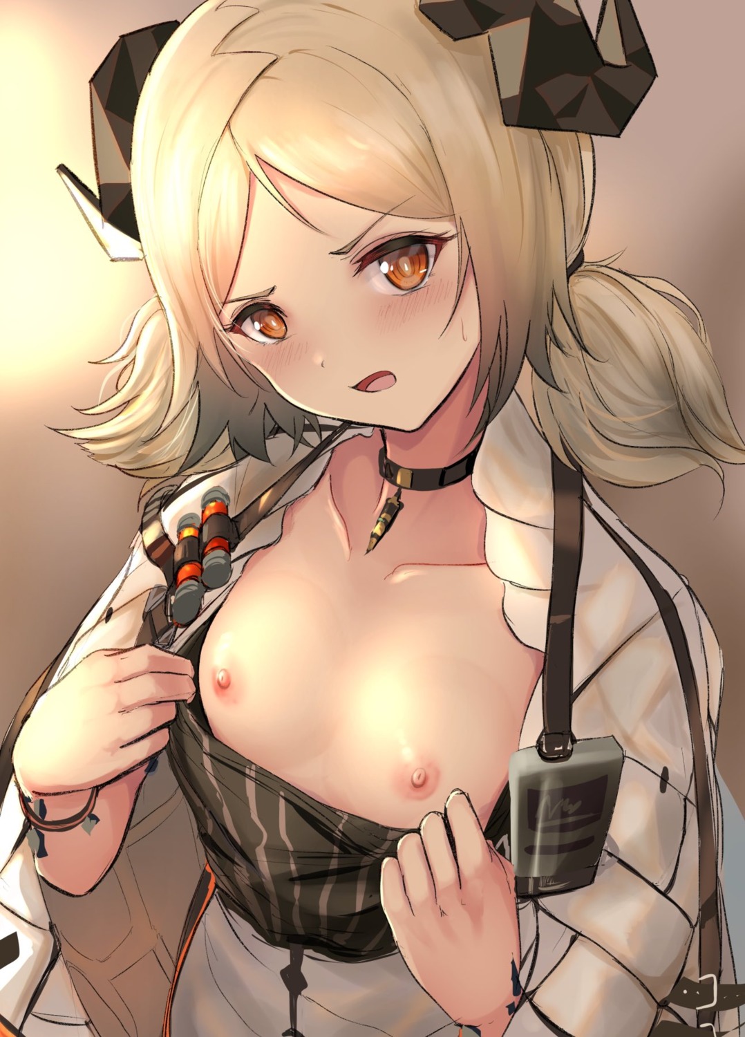 arknights breasts horns ifrit_(arknights) nipples no_bra open_shirt take_(trude1945oneetyan) undressing