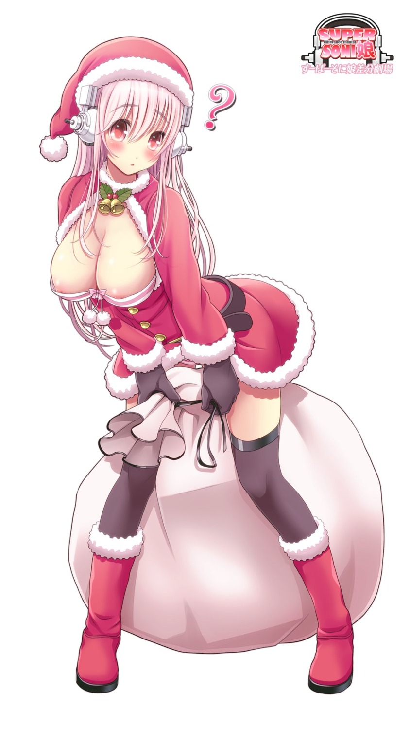 bra breasts christmas dress headphones mag_kan nipple_slip nipples open_shirt skirt_lift sonico super_sonico thighhighs v-mag