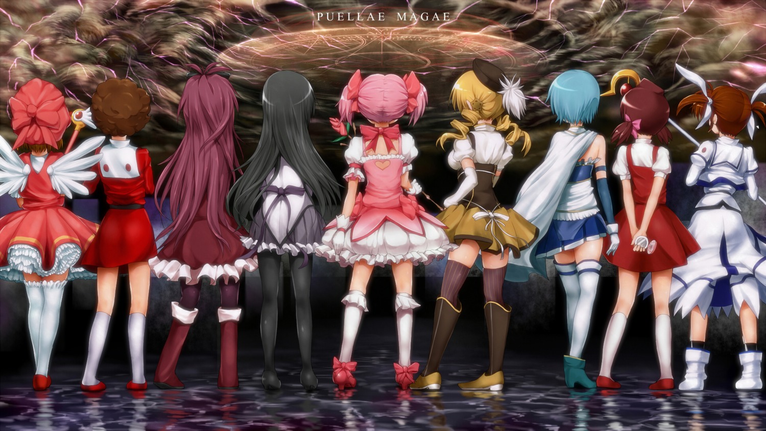 akemi_homura blastbeat card_captor_sakura crossover dress himitsu_no_akko-chan kagami_atsuko kaname_madoka kinomoto_sakura mahou_shoujo_lyrical_nanoha mahou_tsukai_sally miki_sayaka pantyhose puella_magi_madoka_magica sakura_kyouko takamachi_nanoha thighhighs tomoe_mami wallpaper wings yumeno_sally