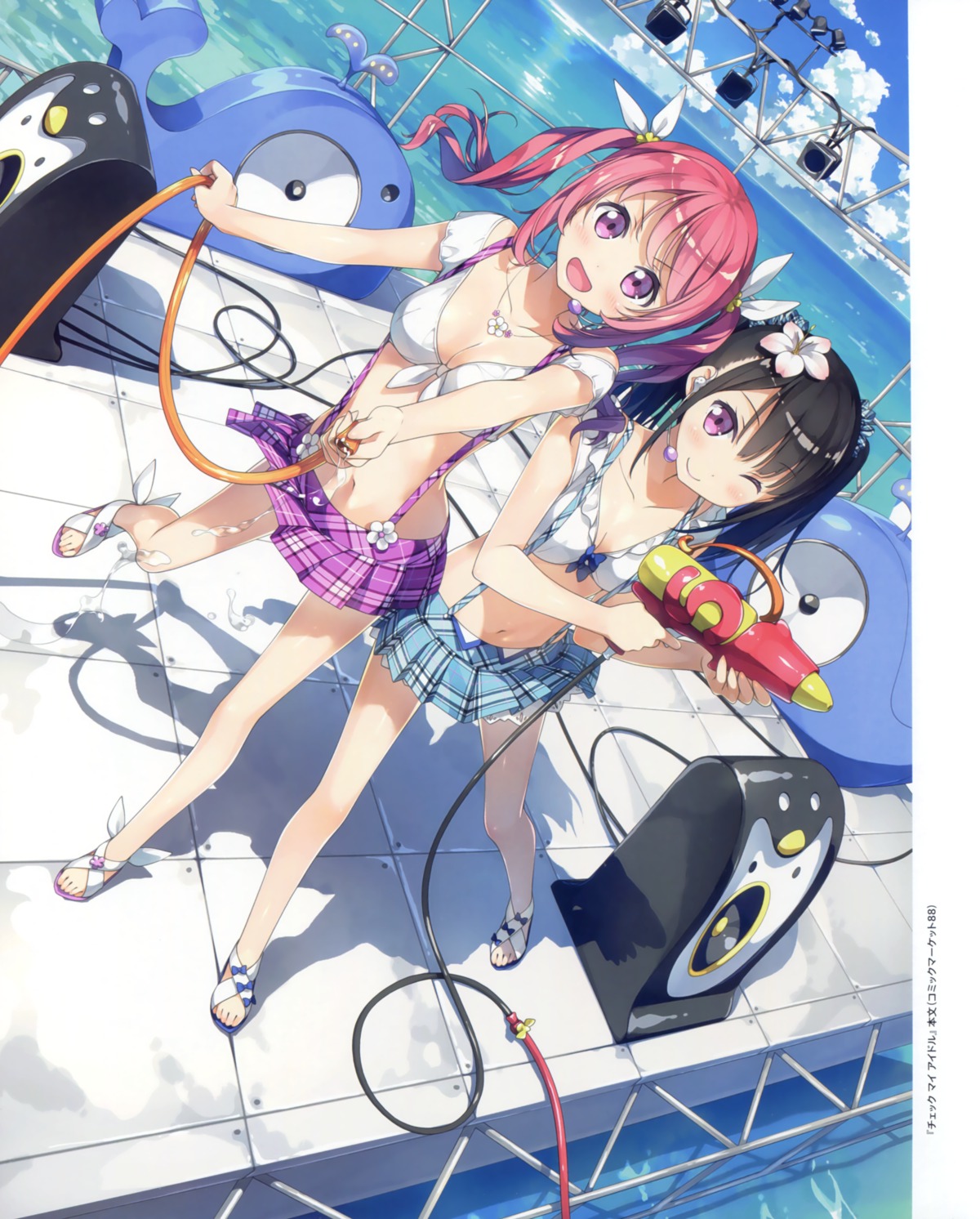 bikini_top gun kantoku kurumi_(kantoku) shizuku_(kantoku) skirt_lift swimsuits