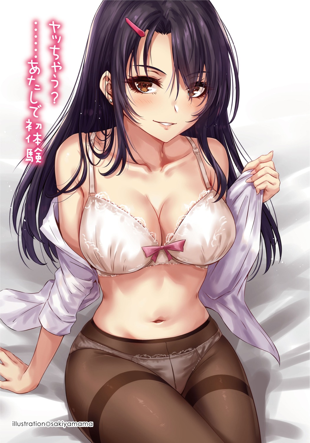 bra dress_shirt open_shirt pantsu pantyhose sakiyamama undressing