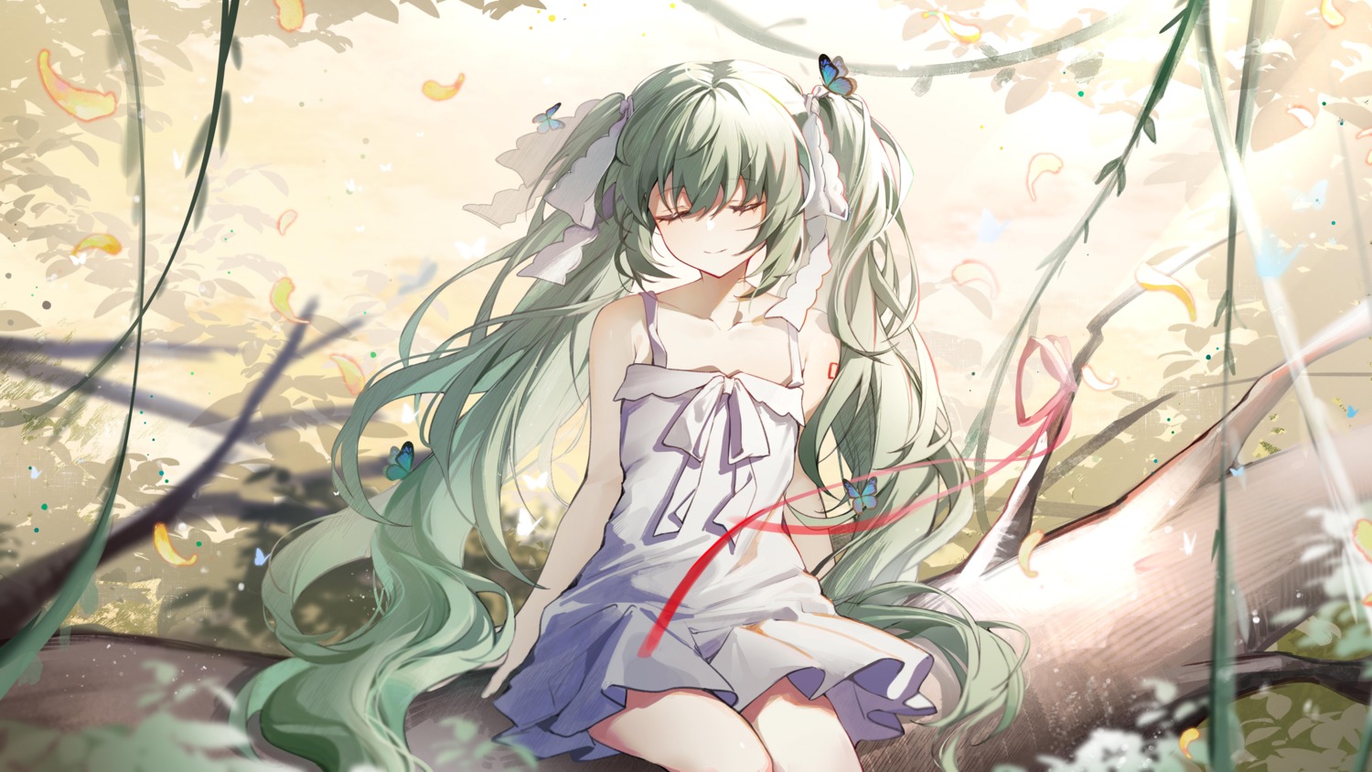 dress hatsune_miku jpeg_artifacts no_bra shiro_kanae skirt_lift summer_dress tattoo vocaloid