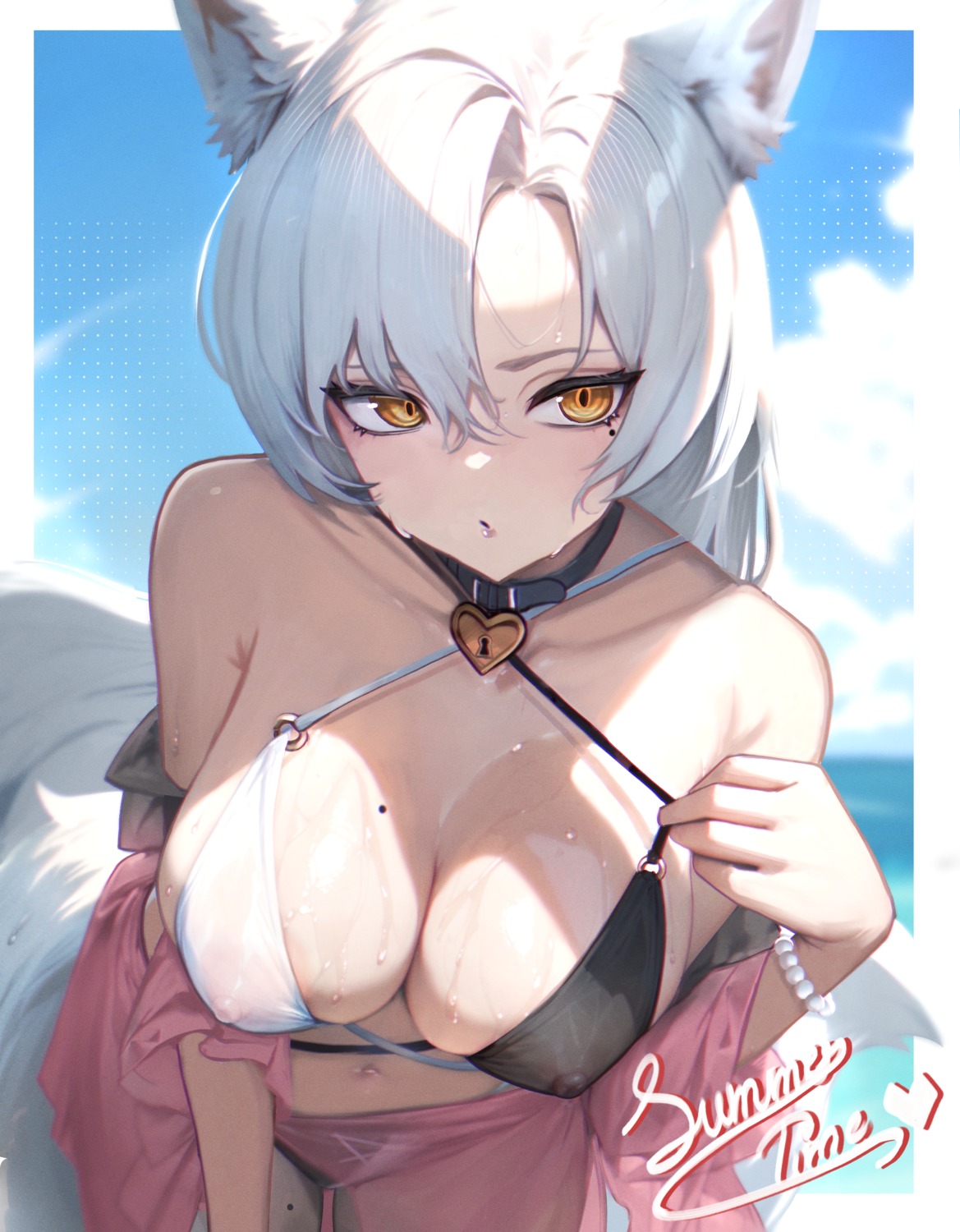 animal_ears bikini eun_soyeon_(lustyfox) kitsune nipples see_through swimsuits tagme tail wet