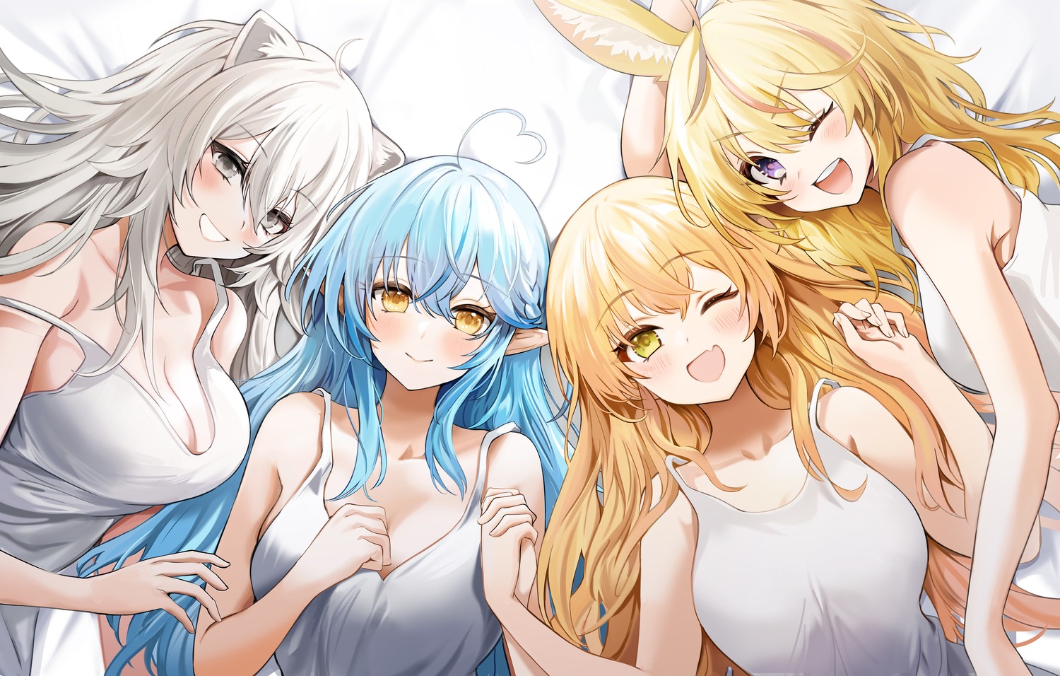 animal_ears cleavage elf hololive momosuzu_nene no_bra omaru_polka pointy_ears shishiro_botan yuki_(asayuki101) yukihana_lamy