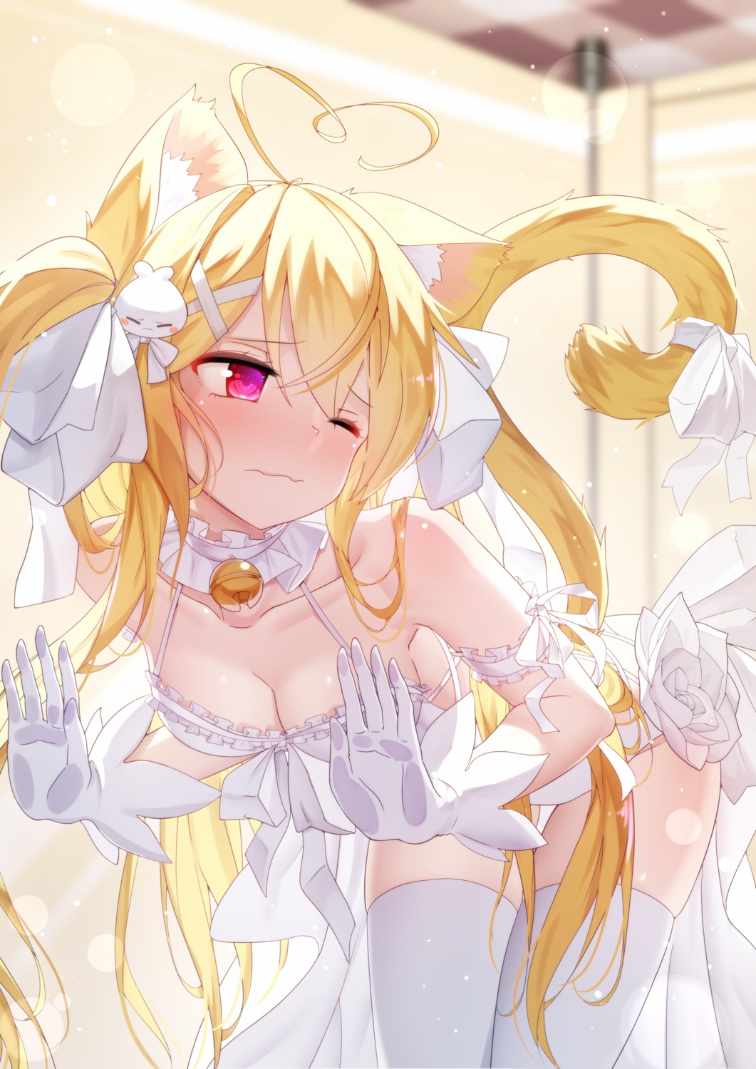 animal_ears cleavage dress leotard lingerie nekomimi niliu_chahui qys3 tail thighhighs tokisaki_asaba wedding_dress