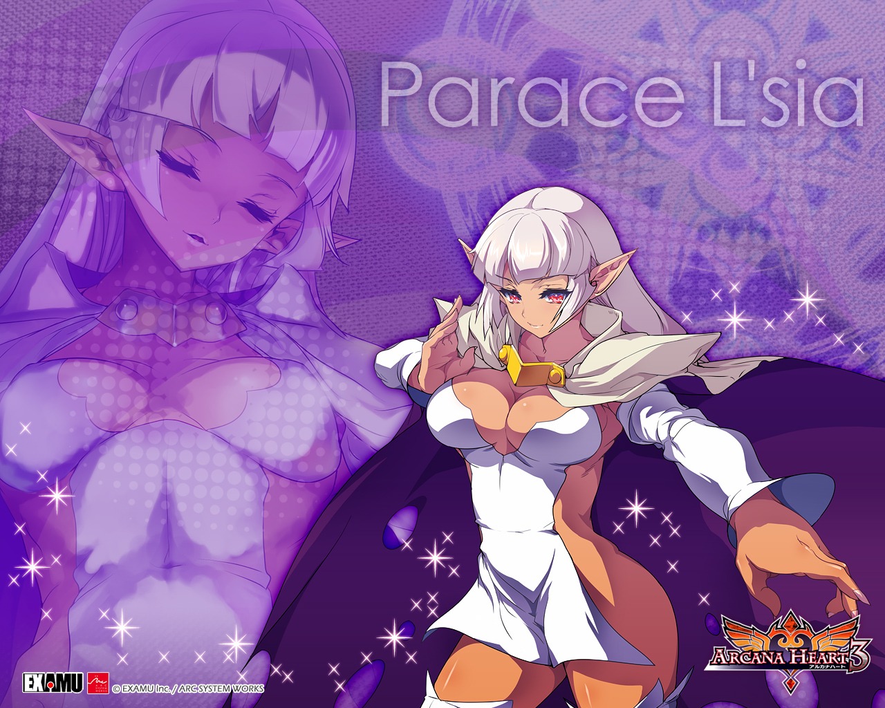 akaga_hirotaka arcana_heart arcana_heart_3 cleavage elf parace_l'sia pointy_ears wallpaper