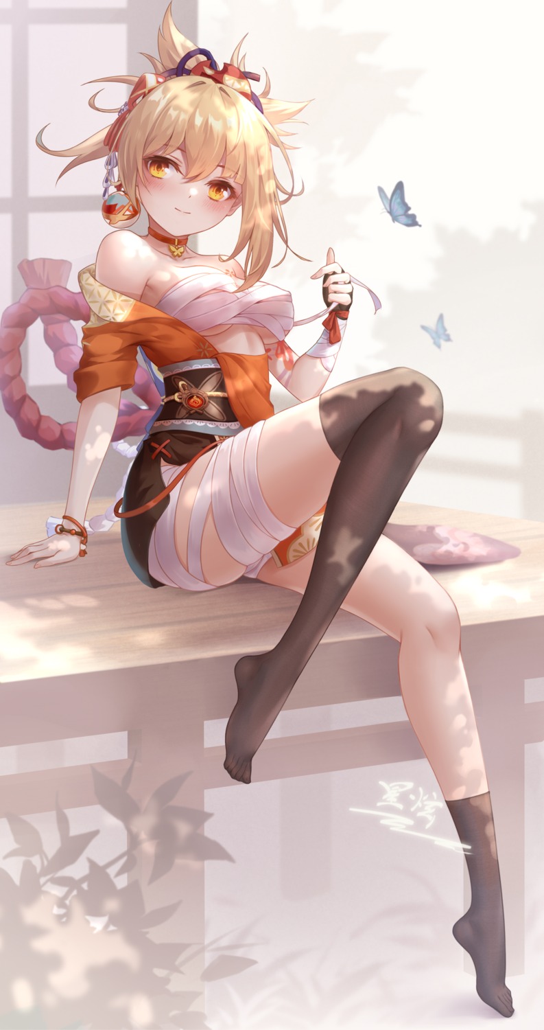 bandages genshin_impact japanese_clothes sarashi skirt_lift tattoo thighhighs yelan_xing_xuan yoimiya