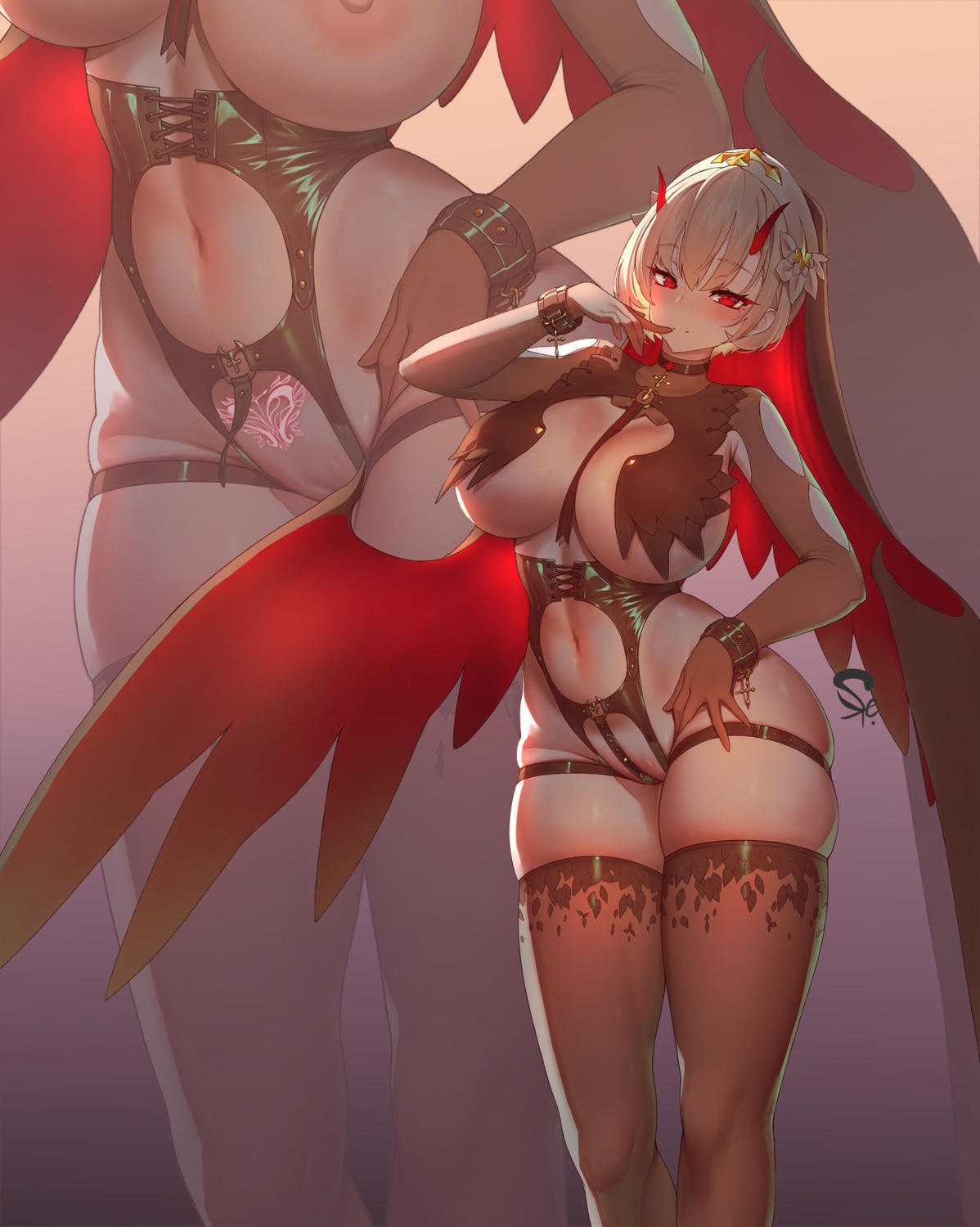 breasts garter horns leotard nipple_slip no_bra nopan nun pussy suerte tattoo thighhighs uncensored wings