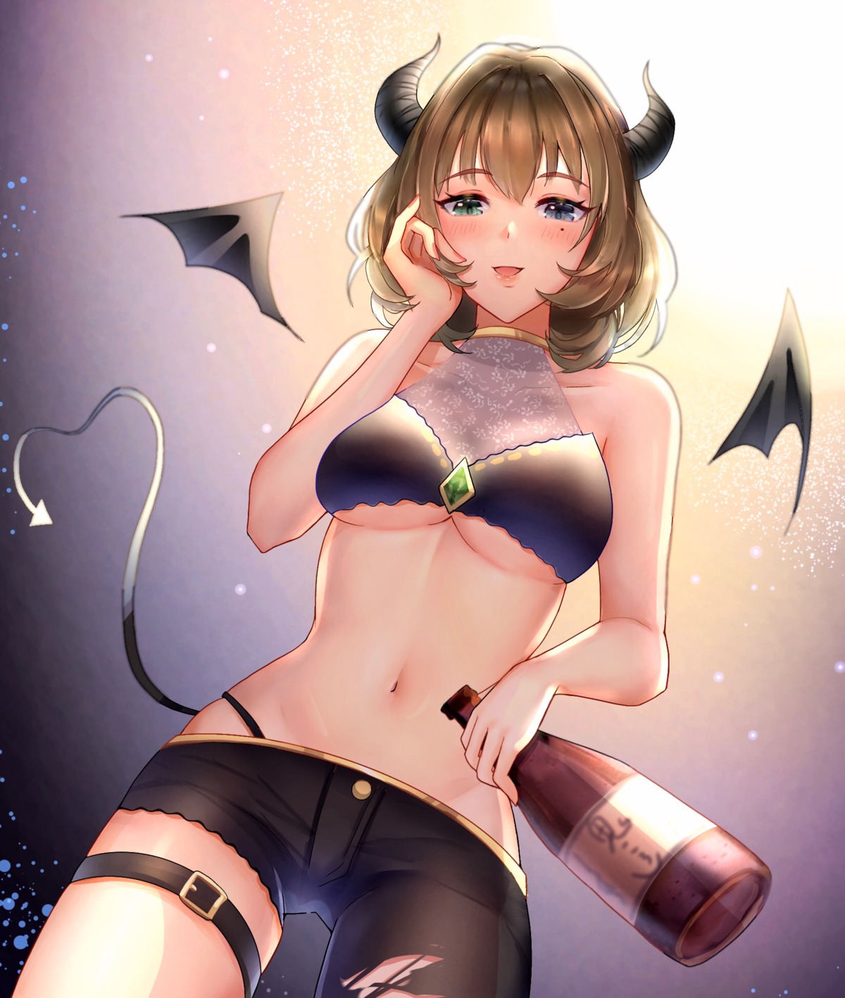 garter heterochromia horns no_bra nyome991 see_through tail takagaki_kaede the_idolm@ster the_idolm@ster_cinderella_girls torn_clothes underboob wings