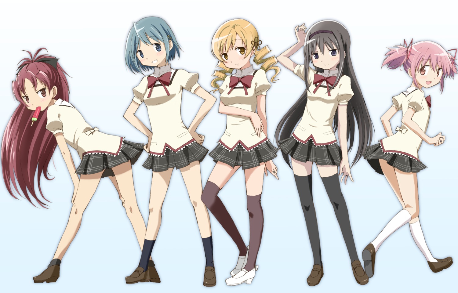 akemi_homura heels kaname_madoka miki_sayaka puella_magi_madoka_magica sakura_kyouko seifuku skirt_lift tagme thighhighs tomoe_mami