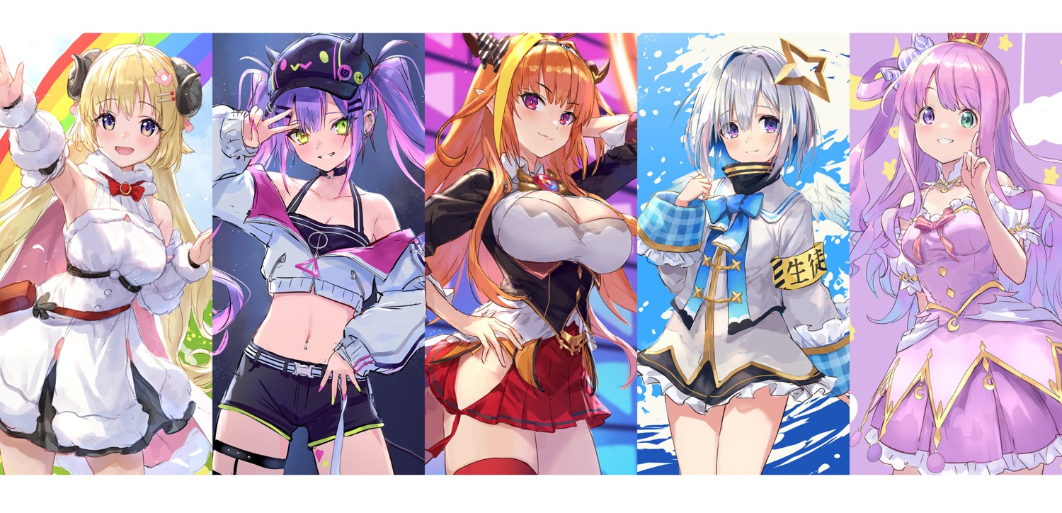 amane_kanata angel animal_ears garter guchico heterochromia himemori_luna hololive horns kiryuu_coco pointy_ears seifuku tokoyami_towa tsunomaki_watame wings