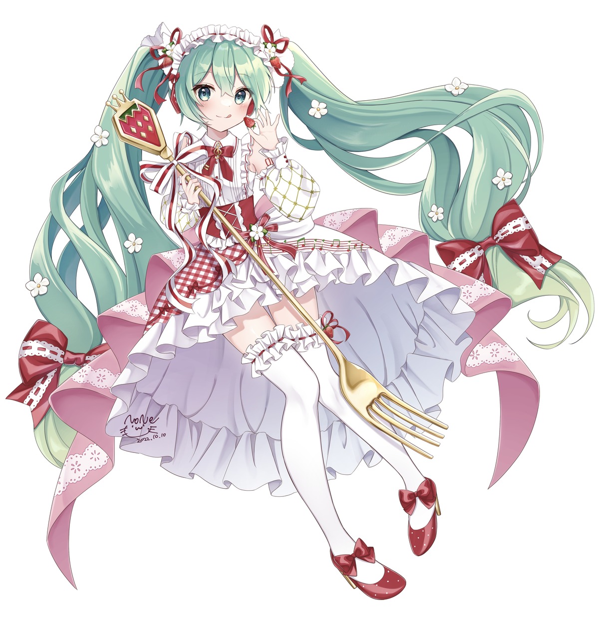 dress gothic_lolita hatsune_miku heels lolita_fashion noneon319 strawberry_miku tattoo thighhighs vocaloid