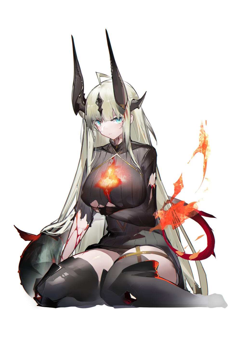 arknights blood garter horns no_bra reed_(arknights) sweater tail thighhighs torn_clothes yushi_quetzalli