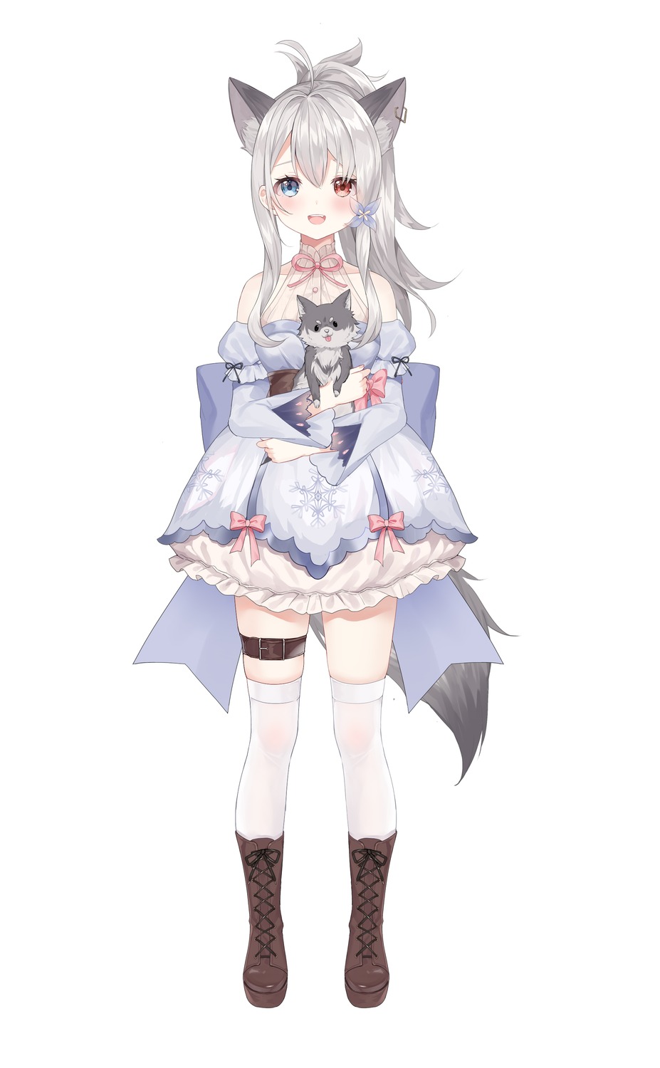 animal_ears dress garter heterochromia hum_(ten_ten) tail thighhighs