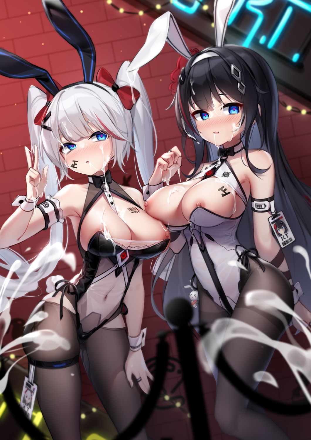 animal_ears artist_revision breasts bunny_ears bunny_girl cum garter k.t.cube nipple_slip nipples no_bra pantyhose see_through tail tattoo