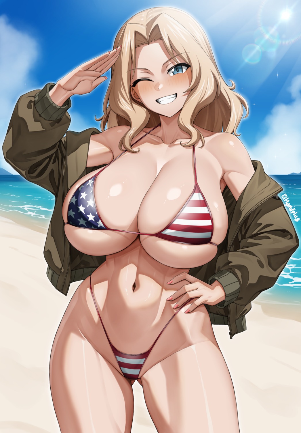 bikini girls_und_panzer handplug kay_(girls_und_panzer) open_shirt swimsuits