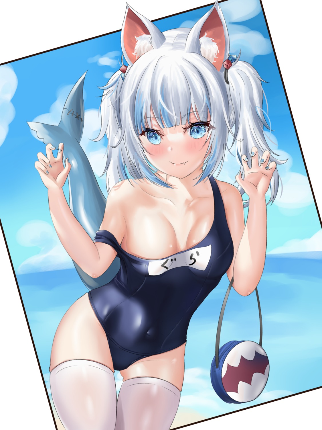 animal_ears gawr_gura hololive hololive_english nekomimi nekoya_minamo school_swimsuit swimsuits tail thighhighs