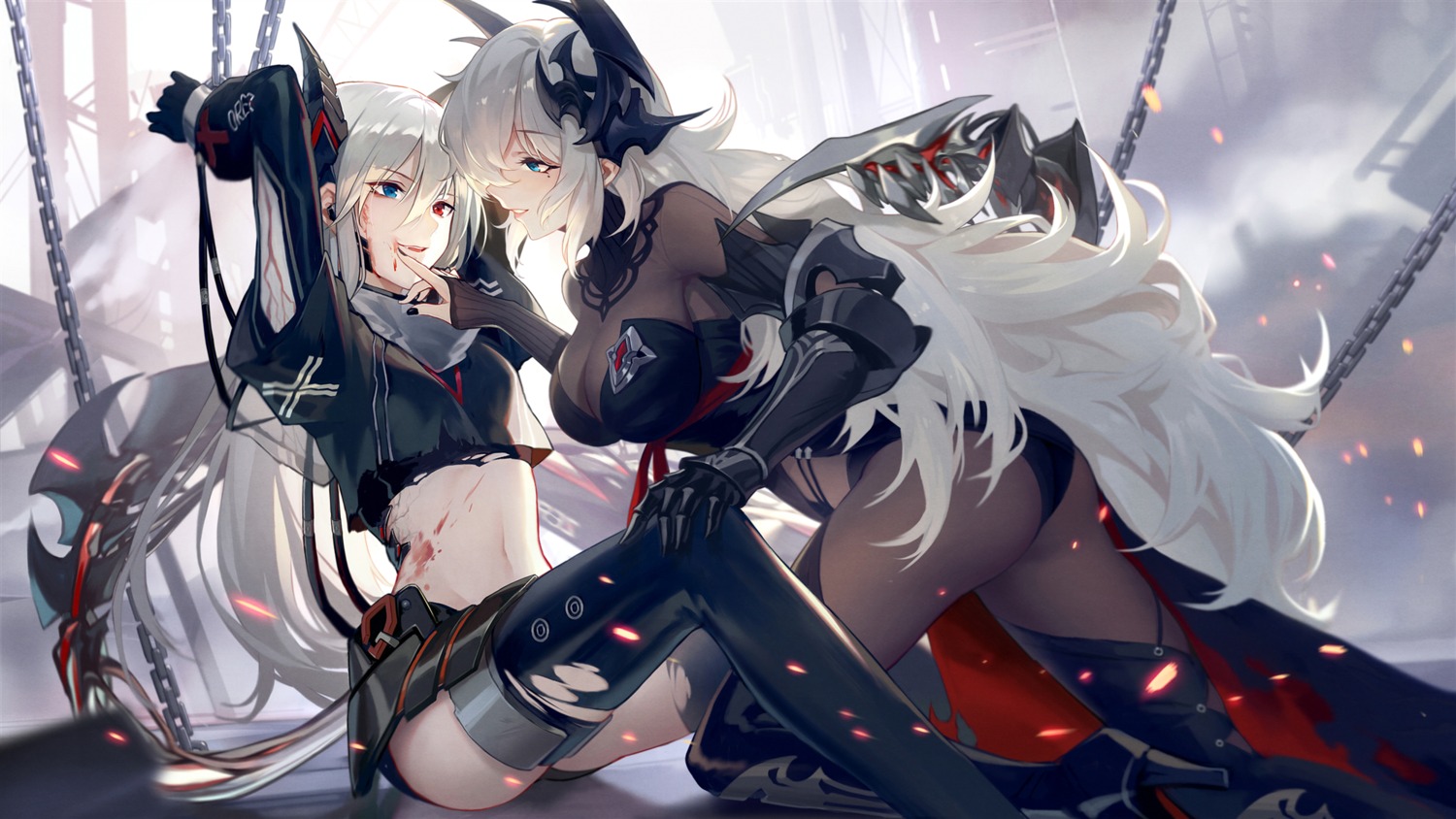 10_project armor ass blood bodysuit bondage cleavage garter heels heterochromia horns momocolx see_through thighhighs torn_clothes yuri