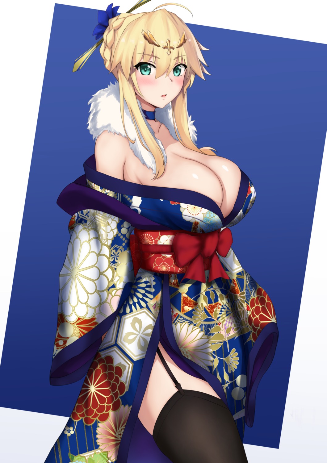 akatsuki_ikki artoria_pendragon_(lancer) cleavage fate/grand_order kimono no_bra open_shirt stockings thighhighs